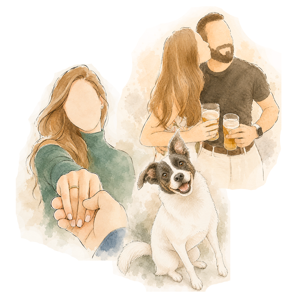 Ilustração aquarelada da história de Cindy, Bruno e Whisky